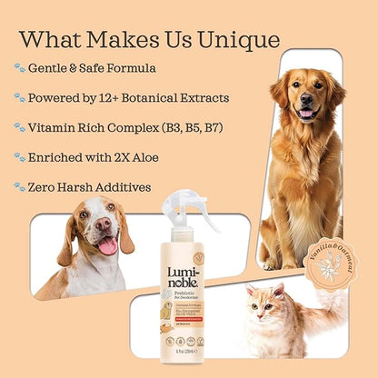 Prebiotic Dog Deodorizer Spray Perfume, Vanilla & Oatmeal Scented, Hypoallergenic Skin Care, Alcohol-Free Odor Remover for Dogs, Prebiotic Formula to Refresh & Hydrate Sensitive Skin & Coat, 8 oz