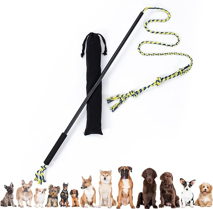 Interactive Flirt Pole Toy for Dogs Chase and Tug of War,Durable Teaser Wand with Pet Fleece Rope Tether Lure Toy to Outdoor Exercise & Training for Small Medium Large Dogs (Black)