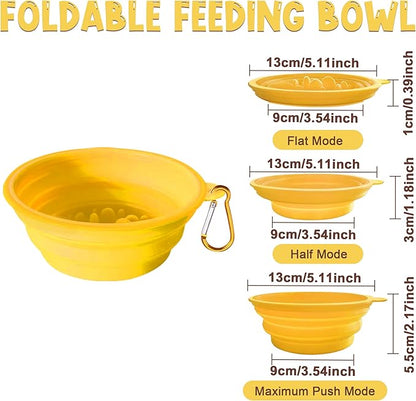 Small Collapsible Dog Bowls (12oz), 1 Pack Pet Travel Foldable Bowl and Slow Feeding Frisbee with Carabiners, Healthy, Soft Silicone, Portable Essential Set for Walking, Travel, and Hiking (Yellow)
