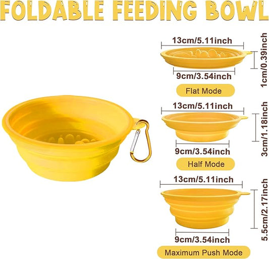 Small Collapsible Dog Bowls (12oz), 1 Pack Pet Travel Foldable Bowl and Slow Feeding Frisbee with Carabiners, Healthy, Soft Silicone, Portable Essential Set for Walking, Travel, and Hiking (Yellow)
