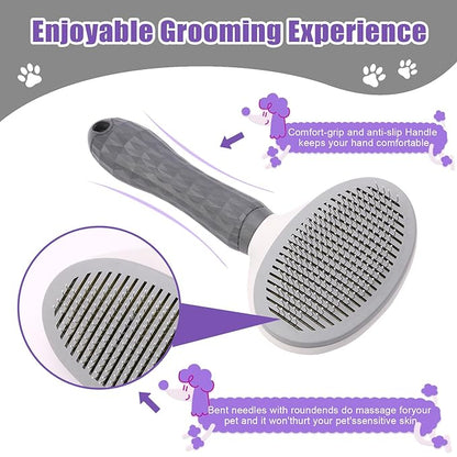 Self Cleaning Slicker Brush, Dog Cat Bunny Pet Grooming Shedding Brush - Easy to Remove Loose Undercoat, Pet Massaging Tool Suitable for Pets with Long or Short Hair (Gray)