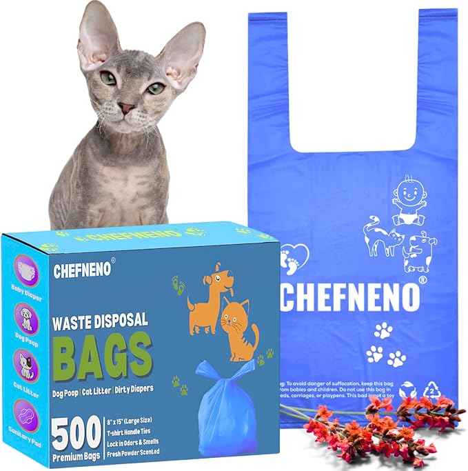 Cat Litter Waste Bags Biodegradable (500 ct., Blue) Bulk Dog Poop Bags with Easy Tie Handles Earth-Friendly Fresh Powder Scented Doggy Poop Diaper Bag Disposable Sanitary Pad Waste Bags (500 Bags)