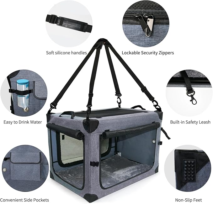NEZUC Collapsible Dog Crates for Large Dogs Portable Soft Sided Travel Dog Carrier for Indoor & Outdoor, 4-Door Foldable Pet Kennel with Durable Mesh Windows (Gray, 24.0" L x 17.0" W x 17.0")