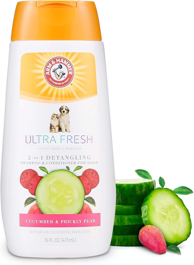Arm & Hammer Ultra Fresh 2 in 1 Detangling Dog Shampoo and Conditioner with Baking Soda Deodorizer, Moisturizing Pet Wash for Tangles and Odor Control, Cucumber Prickly Pear Scent, 16 Fl Oz