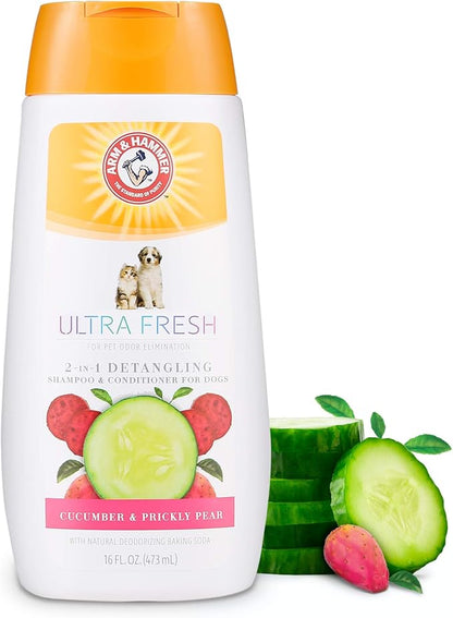 Arm & Hammer Ultra Fresh 2 in 1 Detangling Dog Shampoo and Conditioner with Baking Soda Deodorizer, Moisturizing Pet Wash for Tangles and Odor Control, Cucumber Prickly Pear Scent, 16 Fl Oz