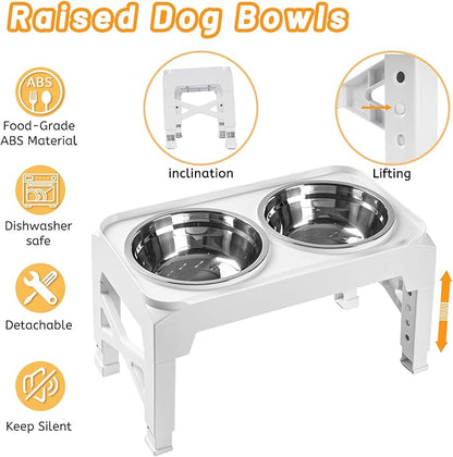 Elevated Dog Bowls with 2 Stainless Steel Food & Water Raised Bowls with No Spill Edge Non-Slip Stand Adjusts to 5 Heights(3.2", 8.77", 9.9",11.1", 12.3") for Small Medium Large Dog and Pet White