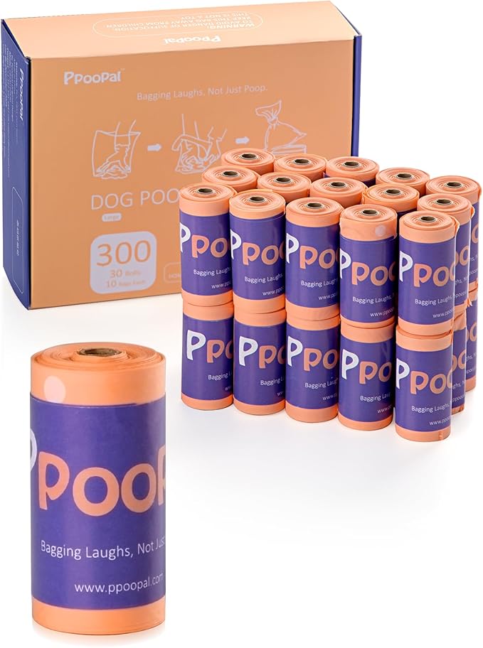 Dog Poop Bags 300 Count, 30 Refill Rolls, Leak Proof Dog Waste Bags - Extra Thick 18 Micron, 14 Inch Long Easy Tie, Light Orange Scent, Strong Star-Sealed Bottom for Walking, Yard & Travel