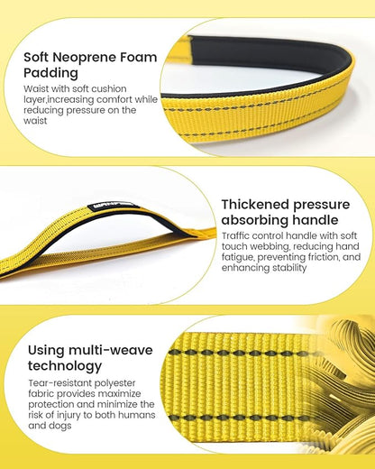 Hands Free Dog Leash & Car Seatbelt, 5.9-9.5ft Crossbody Dog Belt with Dual Soft Handles, Shock-Absorbing, 360° Clip, Reflective Design for Walking, Running, Hiking, Travel.(Yellow)