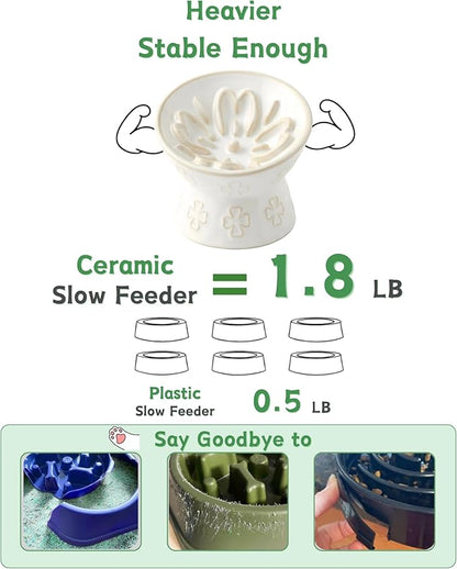 TRUVIC Ceramic Slow Feeder Cat Bowl, 15° Tilted Elevated Cat Slow Eating Bowl for Neck Protection, Anti Vomiting Dog Slow Feeder, Whisker Friendly & No Black Chin for Cats and Small Dogs, Jun Blanc