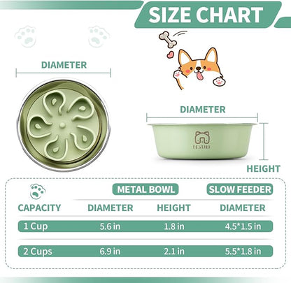 Stainless Steel Slow Feeder Dog Bowl, Bestalk 2-in-1 Metal Dog Bowls with Silicone Slow Feeder Insert for Small, Medium, Large Dogs(Green,1 Cup)