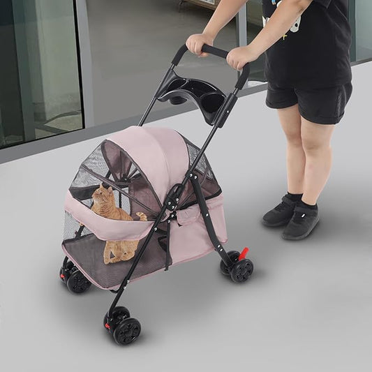 Foldable Pet Stroller w/Lockable Brakes,40lbs Capacity Ventilated Mesh Carrier Cart for Small Medium Dogs & Cats,Dog Stroller (Pale Pinkish Grey)