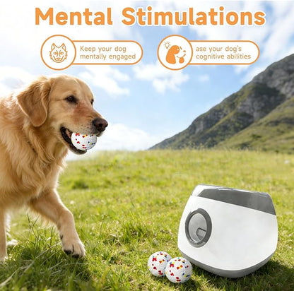 Automatic Dog Ball Launcher with 6pcs 2.5Inch ETPU Balls, White, Adjustable Distance 20-45ft, USB Rechargeable, Interactive Pet Toy-Blue (Grey-XL)