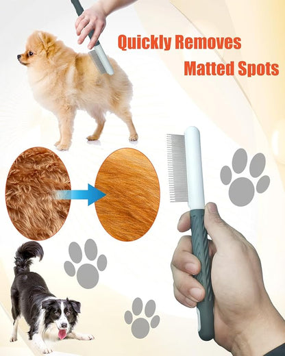 2 PCS Pet Comb with Long & Short Stainless Steel Teeth,Flea and Tick Comb for Dogs & Cats,Pet Grooming Brush for Short&Long Hair,2 different shapes with Rubber Handle