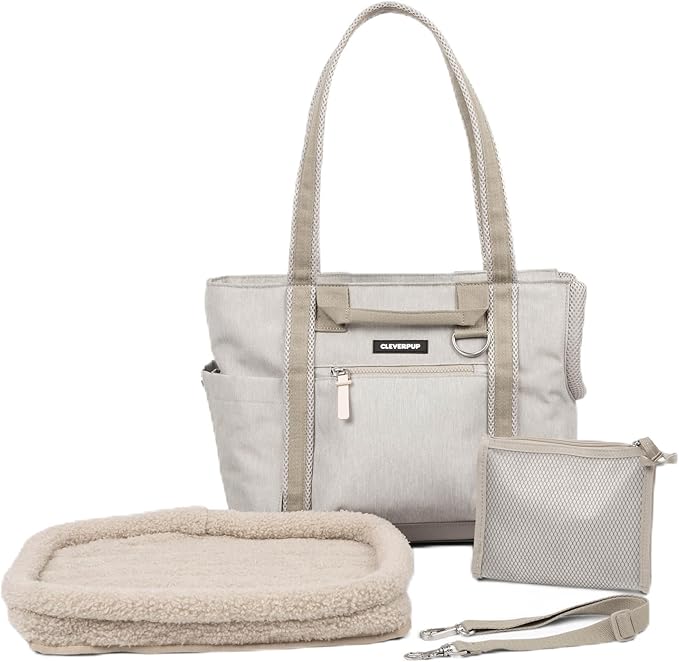 Cleverpup Transit Tote Dog Carrier for Small Dogs Under 8 lbs, 16x11x8 Soft-Sided 4-Pc Set with Waterproof Base, Plush Insert, Food Pouch, Mesh Head Opening - Small, Sand