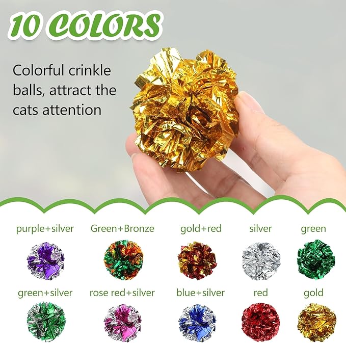 Silkfly 100 Pcs Polyester Film Crinkle Balls Cat Toys 2.36" Interactive Crinkle Ball, Colorful Balls Chew Toy for Cat Chase Ball Toys Attract Cats for Indoor Cats and Kittens to Keep Fit and Active