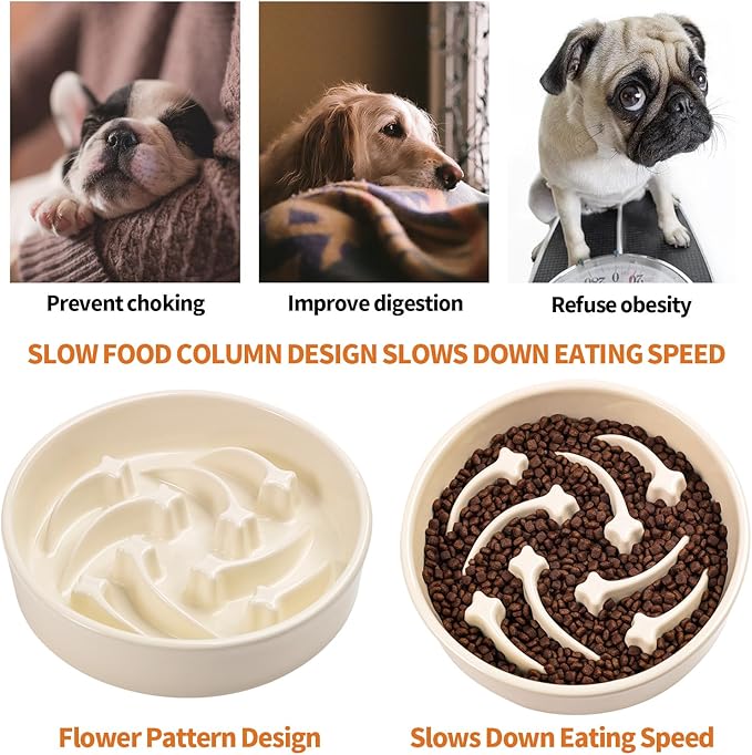 8.26 in Milk White Dog Bowl Slow Feeder Ceramic for Medium and Large Breed,Pet Feeding Dog Food Water Dish Heavy Weighted,Puppy Bowl for Fast Eaters,Puzzle Slow Eating Dish Modern Maze Meteor