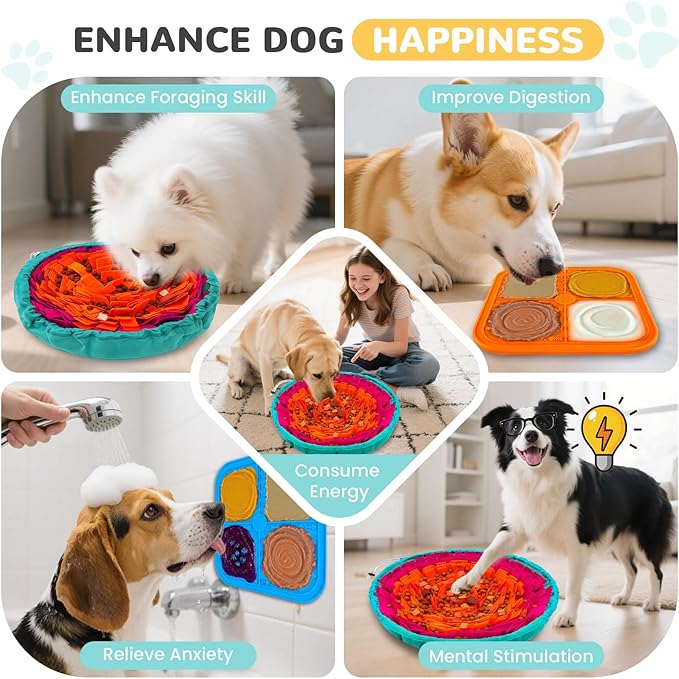 Dog Snuffle Mat and Lick Mats Set, Interactive Dog Enrichment Puzzle Toys for Puppy Small Medium Large Breed Dogs Cats, Adjustable Slow Feeder Bowl Sniff Foraging Treat Mats Mental Stimulation