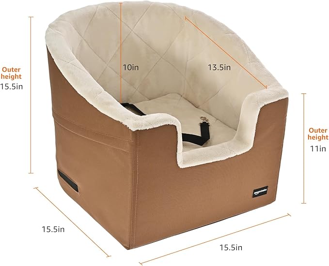 Amazon Basics Dog Car Seat Booster for Small Dogs up to 25lbs, Washable Removable Cover, Safety Leash, Elevated View for Window, 18" x 18" x 16", Tan