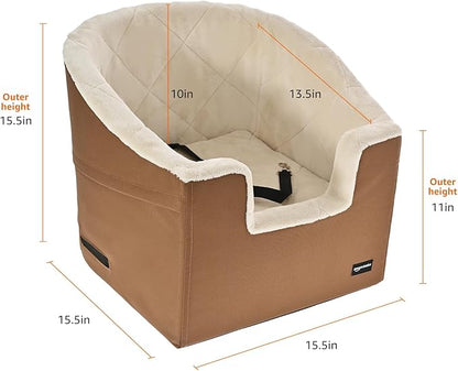 Amazon Basics Dog Car Seat Booster for Small Dogs up to 25lbs, Washable Removable Cover, Safety Leash, Elevated View for Window, 18" x 18" x 16", Tan