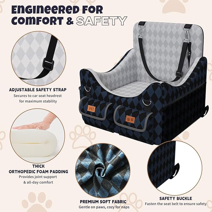 Dog Car Seat for Small/Medium Dogs up to 35lbs, 4-Pocket Storage Memory Foam Dog Booster Seat, Detachable Washable Pet Car Seat with Safety Belt, Outdoor & Indoor Use (Dark Blue/Black)