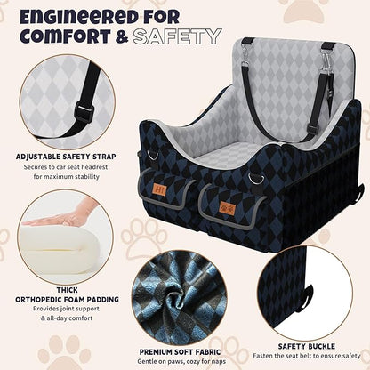 Dog Car Seat for Small/Medium Dogs up to 35lbs, 4-Pocket Storage Memory Foam Dog Booster Seat, Detachable Washable Pet Car Seat with Safety Belt, Outdoor & Indoor Use (Dark Blue/Black)