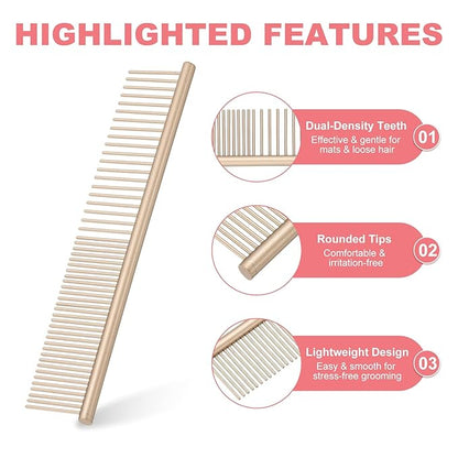 Dog Cat Comb, Pet Combs Stainless Steel Teeth with Rounded Ends for Knots Mats Loose Hair Removal, 6.5IN (Gold Coated, 3 Pack), Grooming Tool Intended for Long Curly Hair Pet