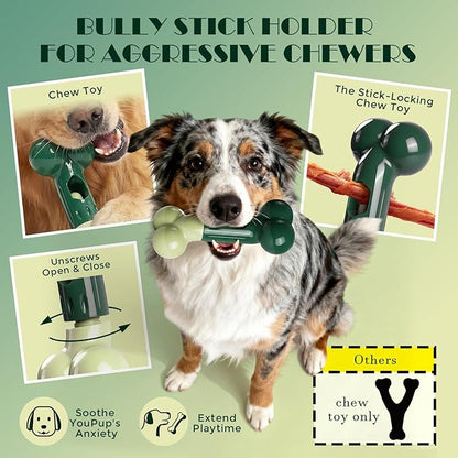 Apasiri Bully Stick Holder for Aggressive Chewers: Indestructible Dog Toy Prevents Choking No More Swallowed Ends, Bacon Flavored Nylon Tough Chew Toy to Keep Them Busy Medium/Large Dogs, Green