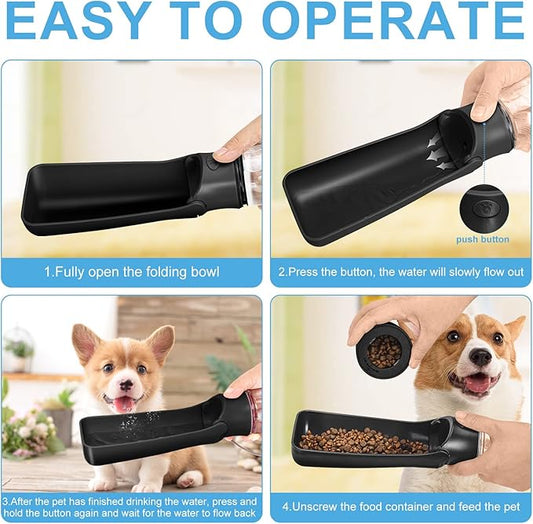 Dog Water Bottle with Food Container, Collapsible Portable Dog Water Dispenser Leak Proof Puppy Drinking Cup, Dog Travel Water Bowls Accessories for Pet Outdoor Walking Hiking (Black)
