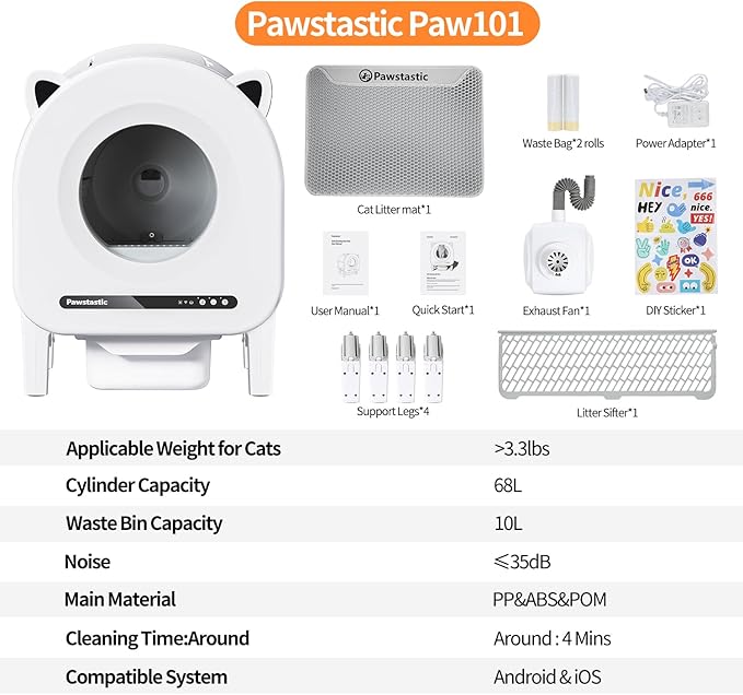 Self Cleaning Litter Box for Multiple Cats, 68 L Automatic Cat Litter Box Robot with Dual Safety Protection, APP Control, Odor Removal Smart Litter Boxes, 2 Roll Trash Bags