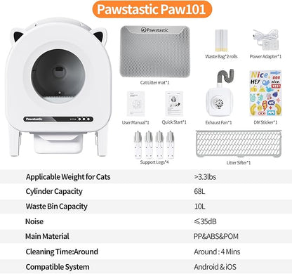 Self Cleaning Litter Box for Multiple Cats, 68 L Automatic Cat Litter Box Robot with Dual Safety Protection, APP Control, Odor Removal Smart Litter Boxes, 2 Roll Trash Bags