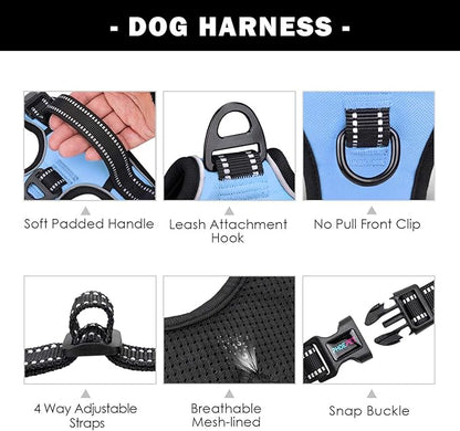 PHOEPET No Pull Dog Harness Reflective Adjustable Vest with a Training Handle, Name ID Pocket, 2 Metal Leash Hooks, 3 Snap Buckles [Easy to Put on & Take Off](S, Baby Blue)