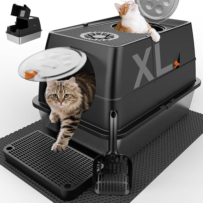 Stainless Steel Litter Box 24" with Lid, XL Extra Large Litter Box, Enclosed Top Entry Metal Litterbox for Big Cat, Easy Cleaning, Anti-Leakage & High Sided with Mat, Aisle & Scoop Black