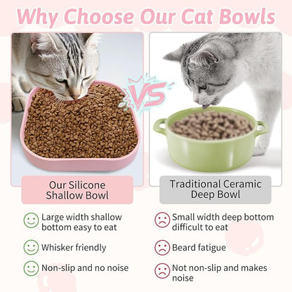 Fhiny 2PCS Silicone Cat Bowls Set 7.1 x 7.1 in Shallow Dog Dish Whisker Friendly Cat Food Plate for Dry & Wet Food Dishwasher Safe Non-Slip Pet Feeding Bowls for Kittens and Puppies (Pink)