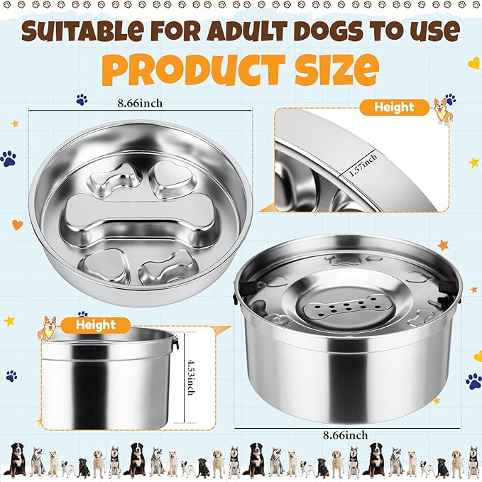 Vesici Slow Feeder Dog Bowls Set 3.2l No Spill Water Bowl and 2 Cups Stainless Steel Dog Slow Feeder Food Bowl Puppy or Cat Food Holder Dishwasher Pet Supplies