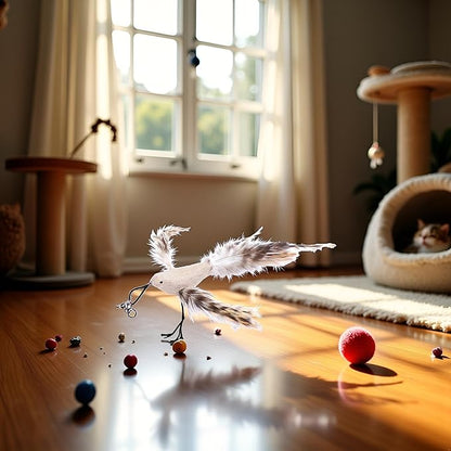 White Burlap Bird Cat Feather Toys, Interactive Toy with Refills, Wand Toy for Indoor Interactive Cat Feather Toys