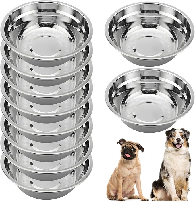 10 Count 8-Inch Stainless Dog Bowls, Dishwasher Safe Feeding and Water Dishes, Rust-Proof Metal for Multiple Dogs, Indoor and Outdoor Use