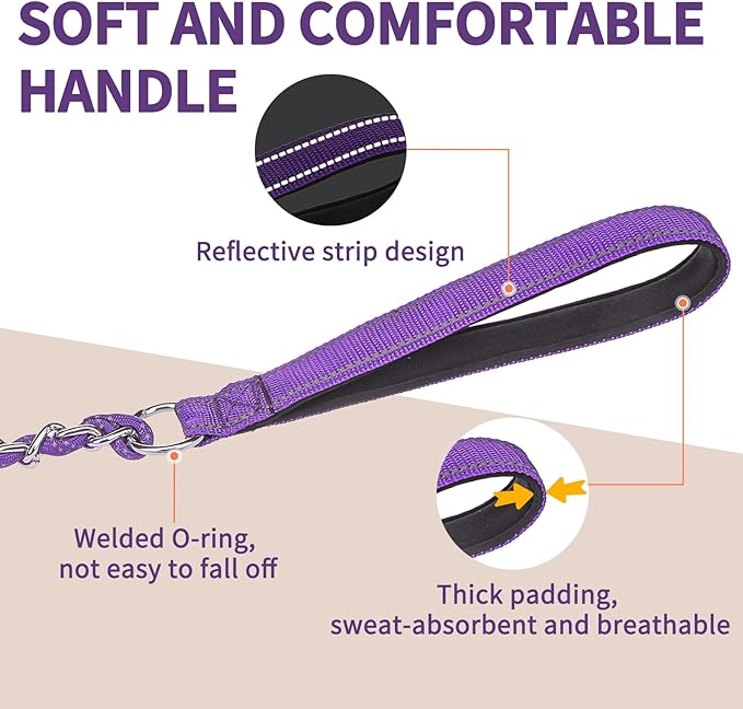 HOMIMP Heavy Duty Dog Leash - Chew Proof 4 FT, Reflective, Metal Training Leash with Soft Padded Handle, Strong Rope for Night Walking, Purple