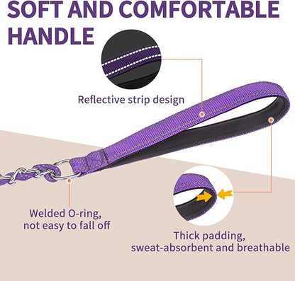 HOMIMP Heavy Duty Dog Leash - Chew Proof 4 FT, Reflective, Metal Training Leash with Soft Padded Handle, Strong Rope for Night Walking, Purple