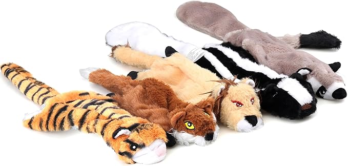 5 Pack Plush No Stuffing Double Squeaker Dog Toys, Tiger, Raccoon, Skunk, Fox, and Lion for Small, Medium and Large Dogs