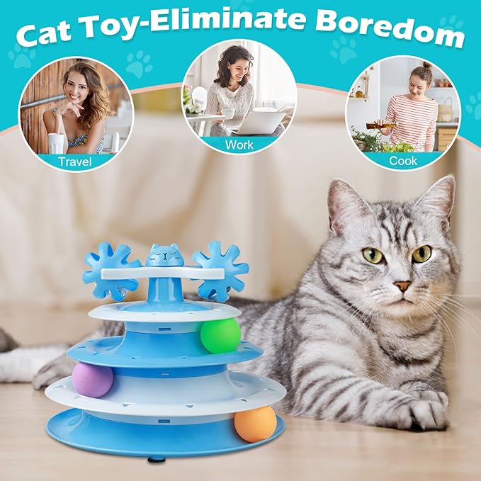 UPSKY Cat Toy Roller 4-Level Turntable Cat Toy Balls with Three Colorful Balls and Bell Ball X Turntable Interactive Kitten Fun Mental Physical Exercise Puzzle Toys