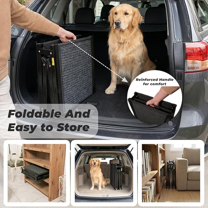 Dog Ramp for Car Travel Bundle – 63” Foldable Non-Slip Dog Ramp + Waterproof Back Seat Cover + 15 Poop Bags – Complete Pet Travel Set for SUV, Truck & Car – Safe Access, Clean Seats, Easy Trips