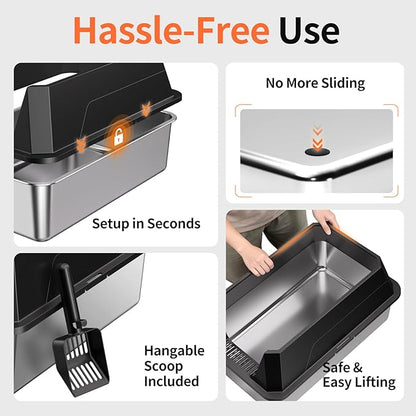 Stainless Steel Litter Box with High Sides Lid, XL High Sided Cat Litter Pan, Open Top Extra Large Metal Cat Litter Box, Non-Stick Leakproof, Litter Scoop Included, Black