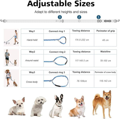 Hands Free Dog Leash, 8.5ft Adjustable Hands Free Leash for Medium Dogs, Versatile Handheld Crossbody Waist Lead with 3 Rings, for Running Jogging Walking, Sponge Handle, Geometric Blue