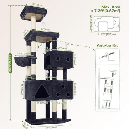 Globlazer Extra Large Cat Tower, 81-inch Tall Cat Tree for Big Cats 20 lbs, XXL Heavy Duty Cat Scratching Tower for Indoor Adult Cats with 3 Cat Condos, 8 Scratching Posts, F81, Dark Grey