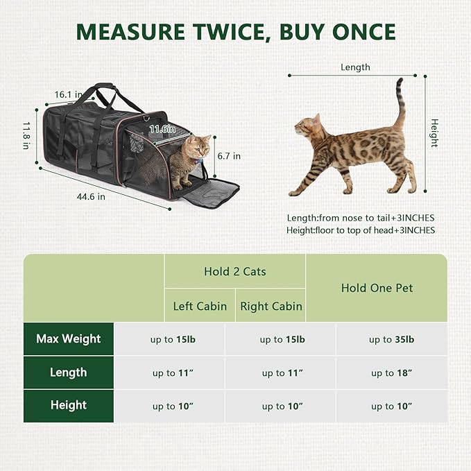 Expandable Cat Carrier for 2 Cats, Double Compartment Large Pet Carrier for Long Distance Car Travel, Includes 2 Portable Litter Boxes, Foldable Multi-Cat Travel for Road Trips & Camping, Black