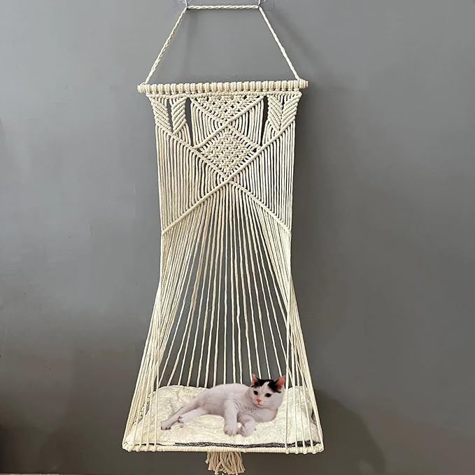 Macrame Hanging Cat Hammock Bed Cat Swing House Space Saving Window Perch with Washed Cotton Cats Toy Tassel Basket Tapestry (Beige, Swing Bed+Cushion, XL)