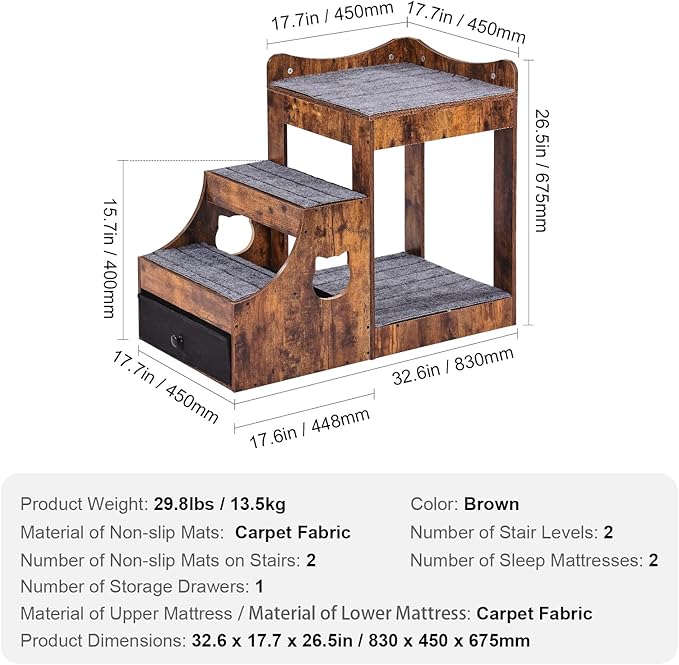VEVOR Pet Bunk Bed with Removable Stairs, Dog/Cat Window Perch with Storage, Multi-Level Bed Window Perch Dog Bedside Sleeper Couch, Small Pet Seat Platform, Indoor Use (Rustic Brown)
