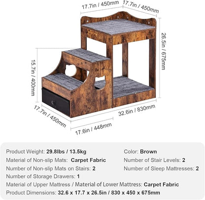 VEVOR Pet Bunk Bed with Removable Stairs, Dog/Cat Window Perch with Storage, Multi-Level Bed Window Perch Dog Bedside Sleeper Couch, Small Pet Seat Platform, Indoor Use (Rustic Brown)