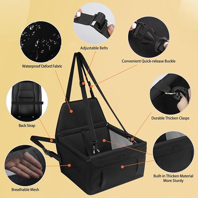 PetsHome Dog Car Seat Foldable Dog Car Booster Seat Waterproof Breathable Oxford Travel Bag for Small to Medium Dogs, Puppies, and Pets-Pure Black