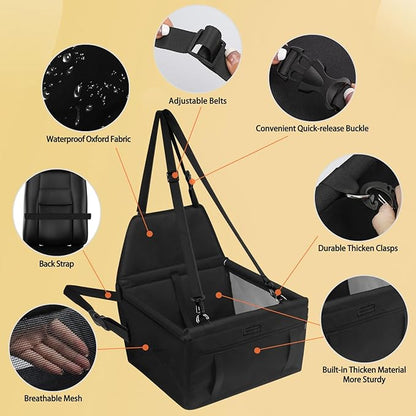 PetsHome Dog Car Seat Foldable Dog Car Booster Seat Waterproof Breathable Oxford Travel Bag for Small to Medium Dogs, Puppies, and Pets-Pure Black
